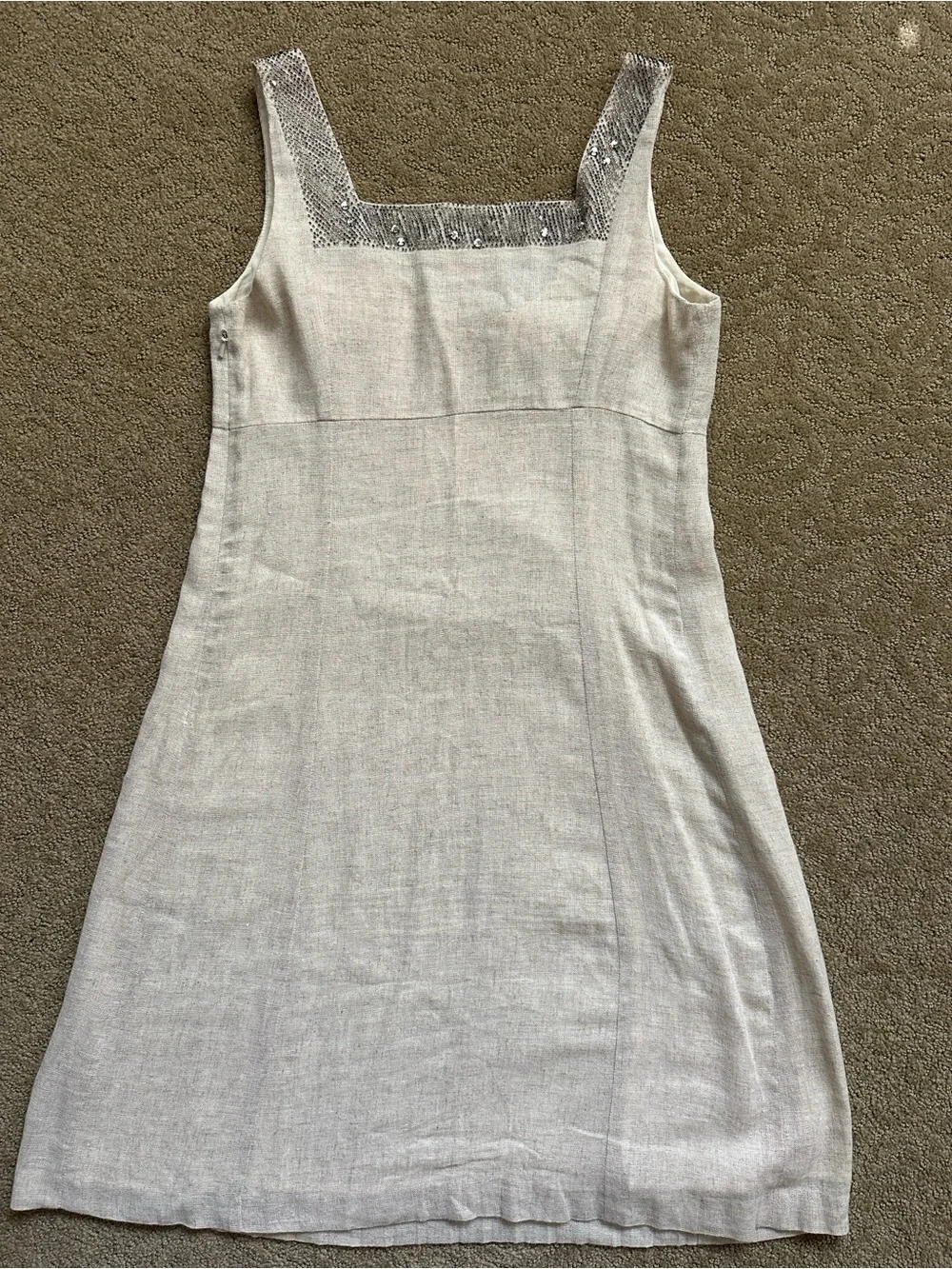 Tory Burch Cream Sleeveless Embellished Linen-Blend Dress with Gold Accents